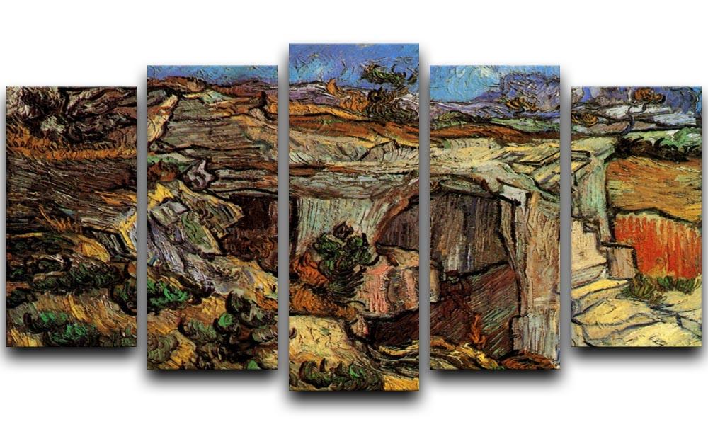 5 Split Panel Canvas artwork of Van Gogh's Entrance to a Quarry near Saint-Remy, showcasing vibrant colors and dynamic design.