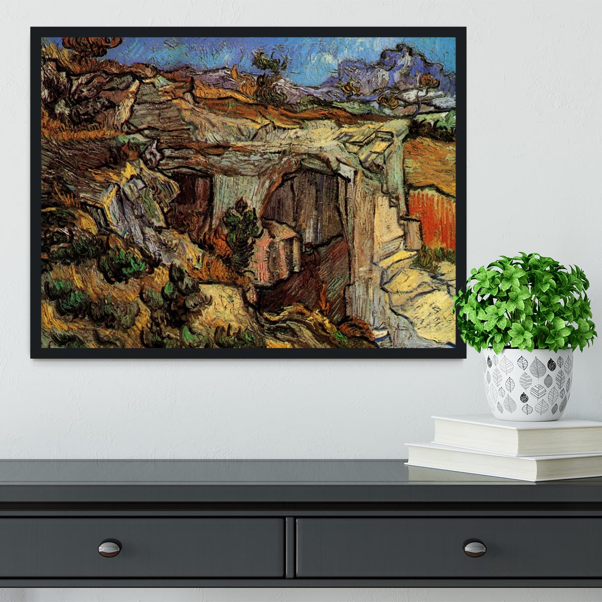 Framed print of Van Gogh's Entrance to a Quarry near Saint-Remy, showcasing vibrant colors and dynamic brush strokes.
