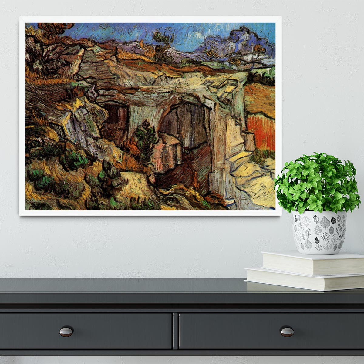 Framed print of Van Gogh's Entrance to a Quarry near Saint-Remy, showcasing vibrant colors and dynamic brush strokes.