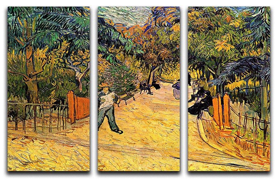Entrance to the Public Park in Arles by Van Gogh, displayed as a 3-panel canvas art set, showcasing vibrant colors and intricate details.