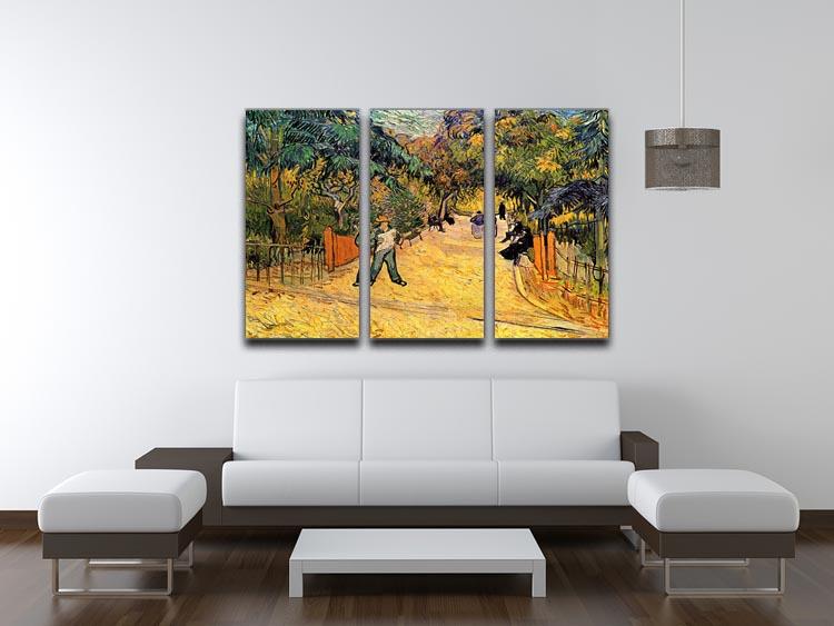 Entrance to the Public Park in Arles by Van Gogh, displayed as a 3-panel canvas art set, showcasing vibrant colors and intricate details.