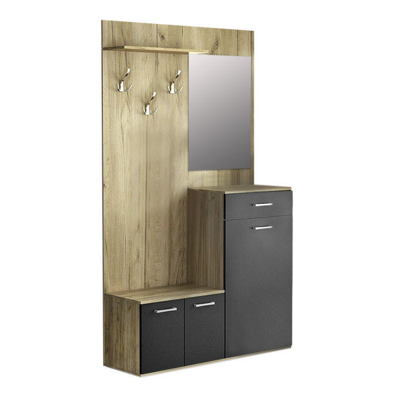 CALGARY Grey Oak Entryway Furniture featuring cabinets, mirror, and hangers in a modern design.
