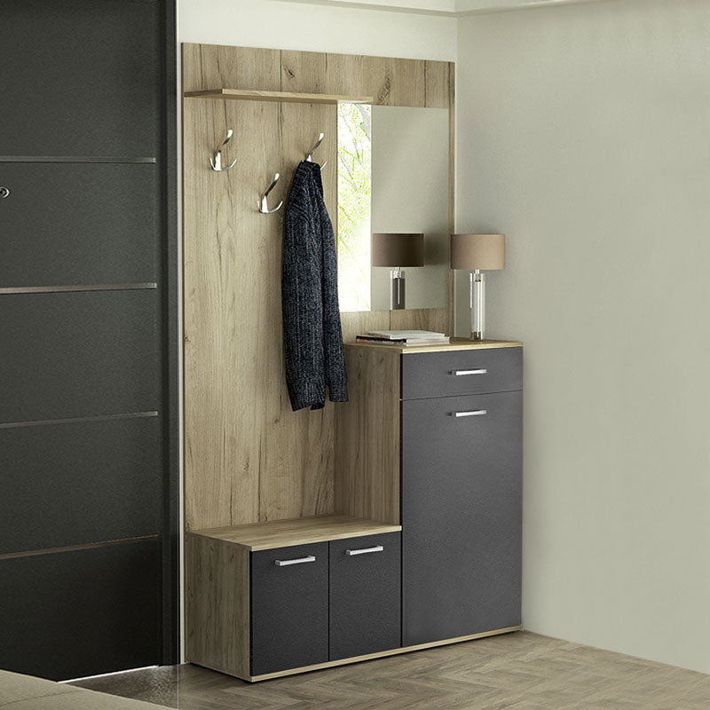 CALGARY Grey Oak Entryway Furniture featuring cabinets, mirror, and hangers in a modern design.