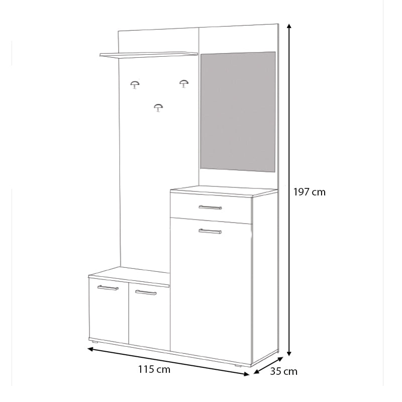 CALGARY Grey Oak Entryway Furniture featuring cabinets, mirror, and hangers in a modern design.