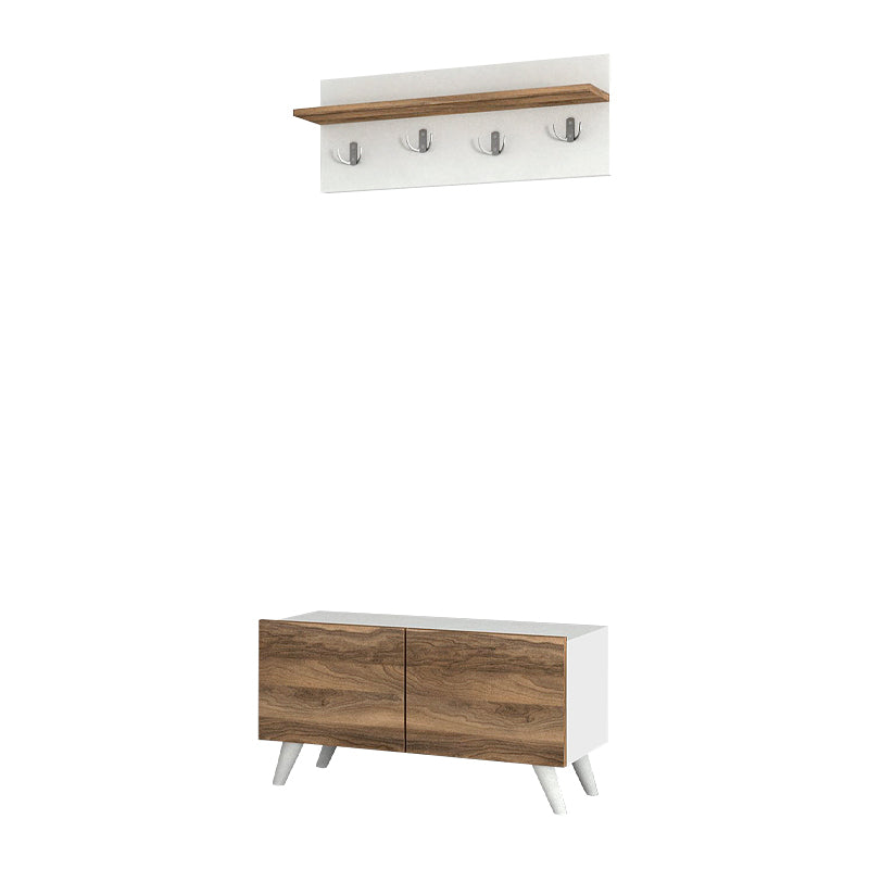 GIUSEPPE Entryway Furniture in white and walnut finish, featuring a shelf and eight metal hooks for hanging clothes.