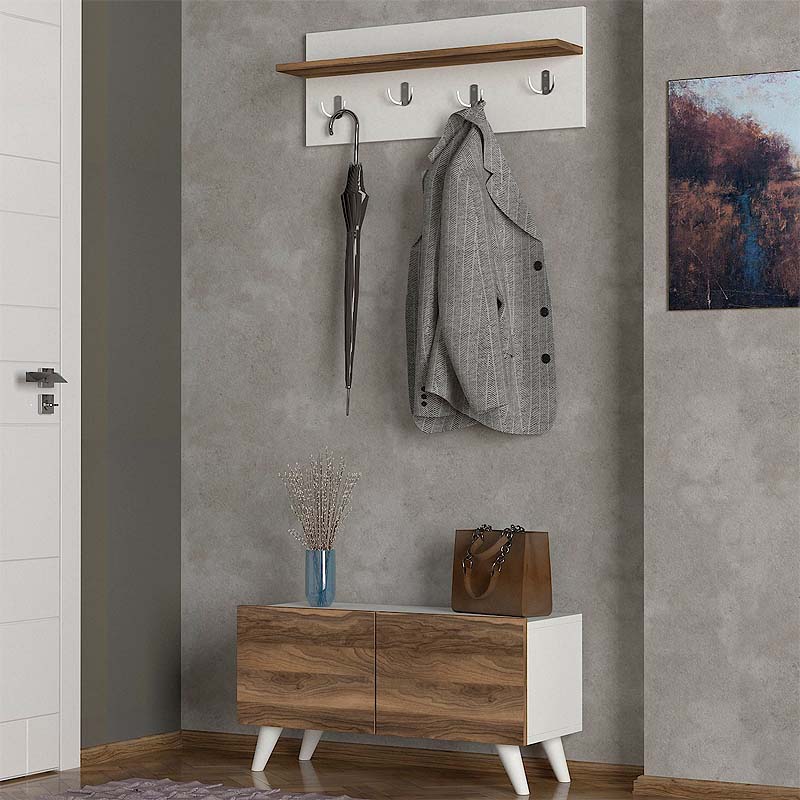 GIUSEPPE Entryway Furniture in white and walnut finish, featuring a shelf and eight metal hooks for hanging clothes.