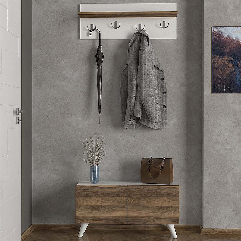 GIUSEPPE Entryway Furniture in white and walnut finish, featuring a shelf and eight metal hooks for hanging clothes.