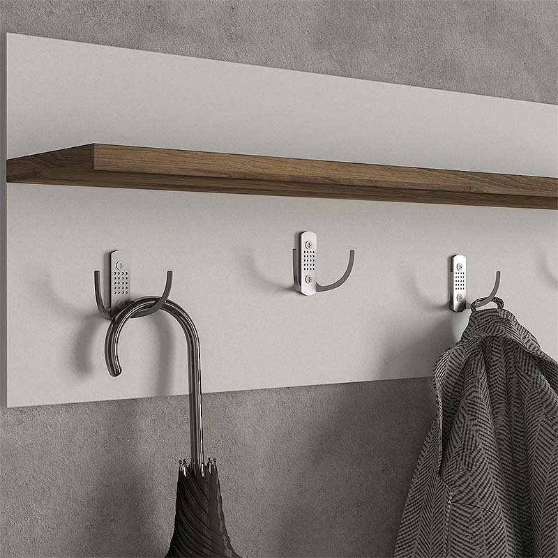 GIUSEPPE Entryway Furniture in white and walnut finish, featuring a shelf and eight metal hooks for hanging clothes.