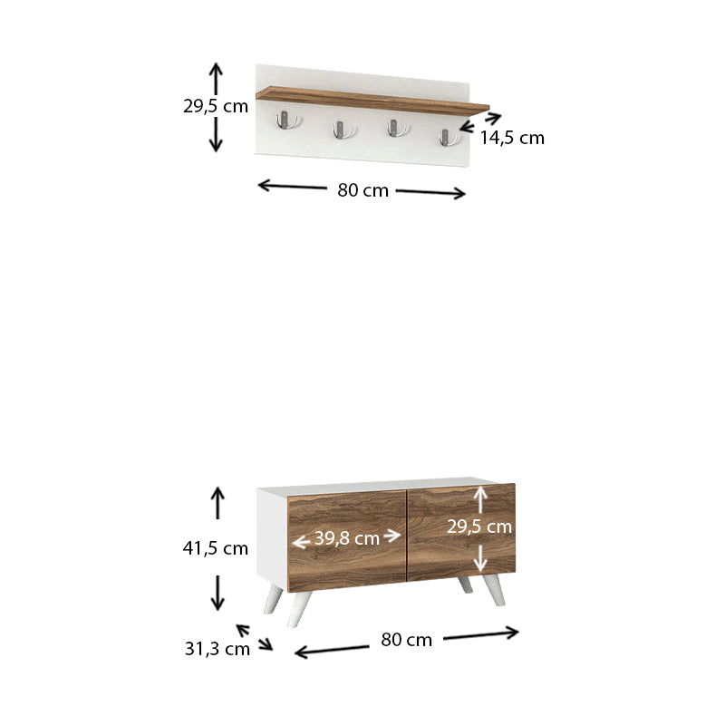 GIUSEPPE Entryway Furniture in white and walnut finish, featuring a shelf and eight metal hooks for hanging clothes.