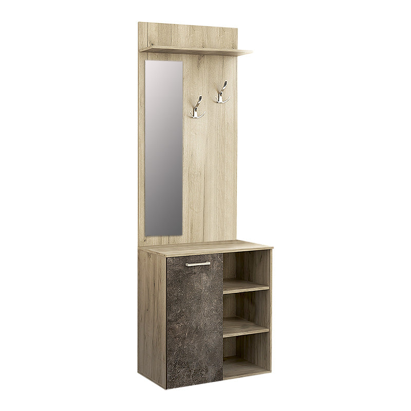 LISA Grey Oak Entryway Furniture featuring a cabinet, shelves, hangers, and a mirror, designed for stylish organization.