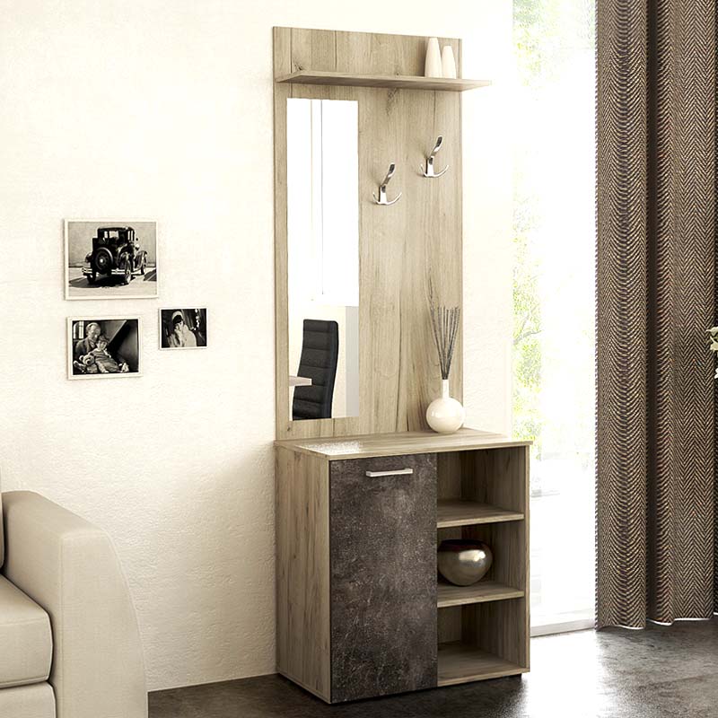 LISA Grey Oak Entryway Furniture featuring a cabinet, shelves, hangers, and a mirror, designed for stylish organization.