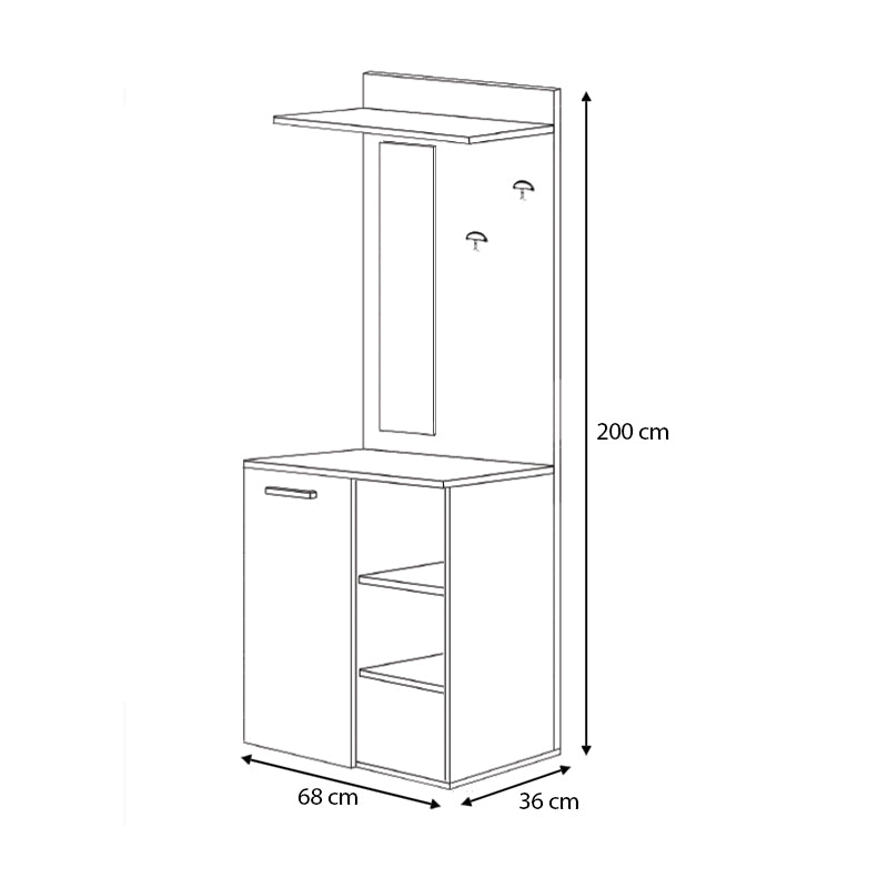LISA Grey Oak Entryway Furniture featuring a cabinet, shelves, hangers, and a mirror, designed for stylish organization.