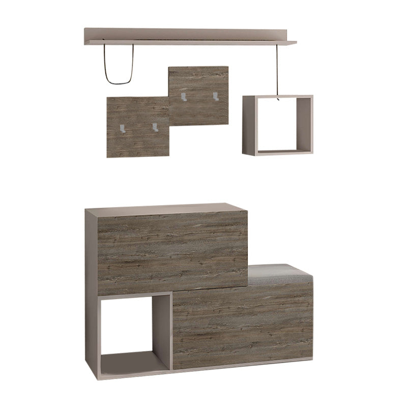 DINA Entryway Furniture Set in dark coffee and light mocha, featuring shoe cabinets, shelves, and a black seat cushion.