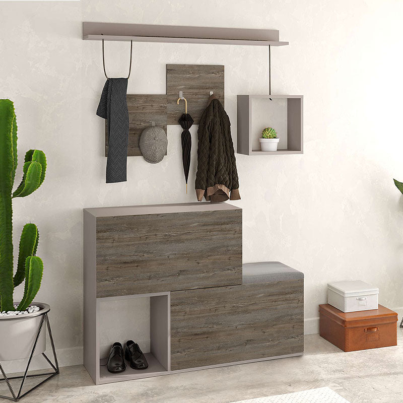 DINA Entryway Furniture Set in dark coffee and light mocha, featuring shoe cabinets, shelves, and a black seat cushion.
