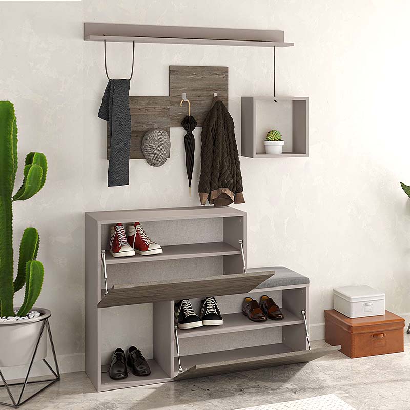 DINA Entryway Furniture Set in dark coffee and light mocha, featuring shoe cabinets, shelves, and a black seat cushion.