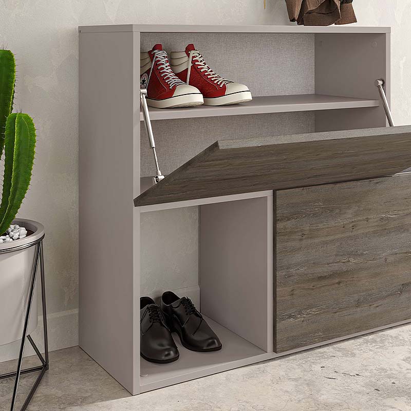 DINA Entryway Furniture Set in dark coffee and light mocha, featuring shoe cabinets, shelves, and a black seat cushion.