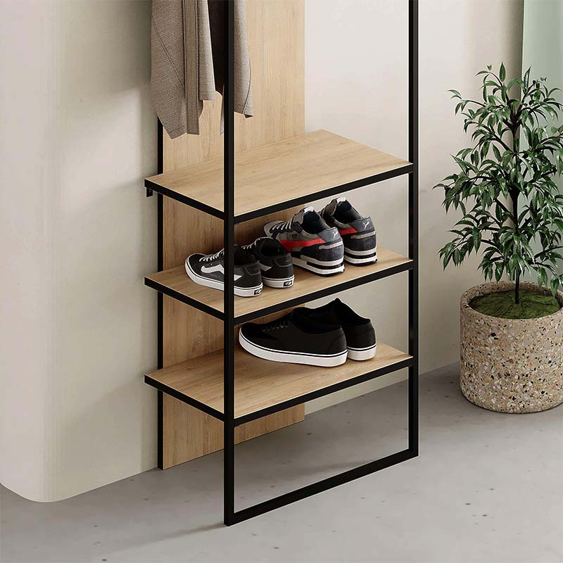 TIMO Oak Entryway Furniture in retro grey with sapphire oak accents, featuring four hangers and a modern design.