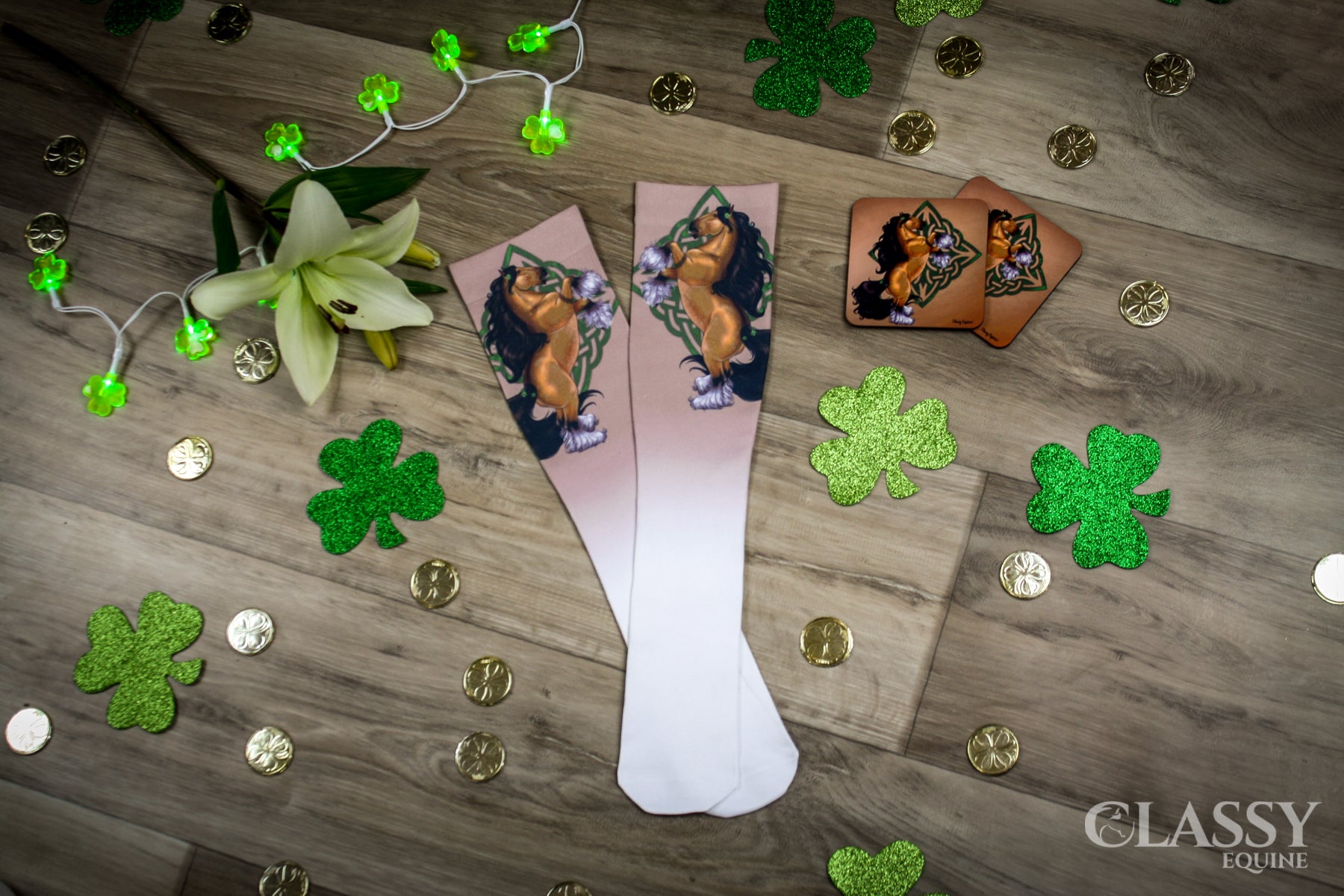 Equestrian Boot Socks featuring Celtic Buckskin Gypsy design, showcasing a stylish pattern and soft fabric for comfort.