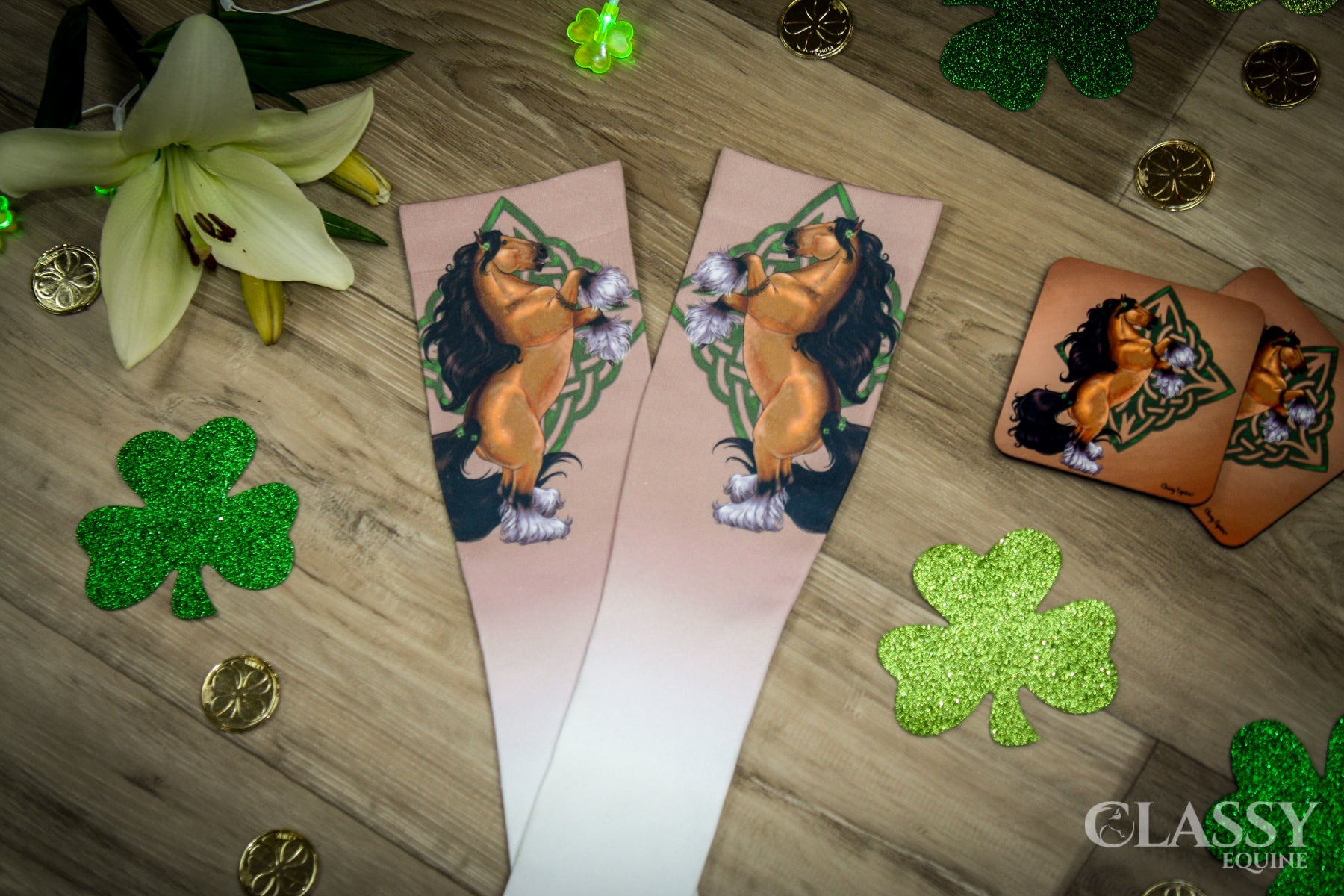 Equestrian Boot Socks featuring Celtic Buckskin Gypsy design, showcasing a stylish pattern and soft fabric for comfort.