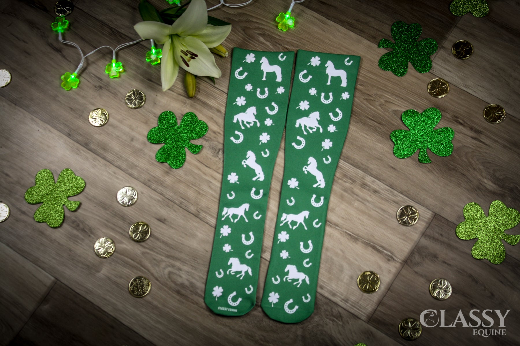 Equestrian Boot Socks featuring a stylish Friesian horse design, made from soft nylon and spandex blend for comfort.