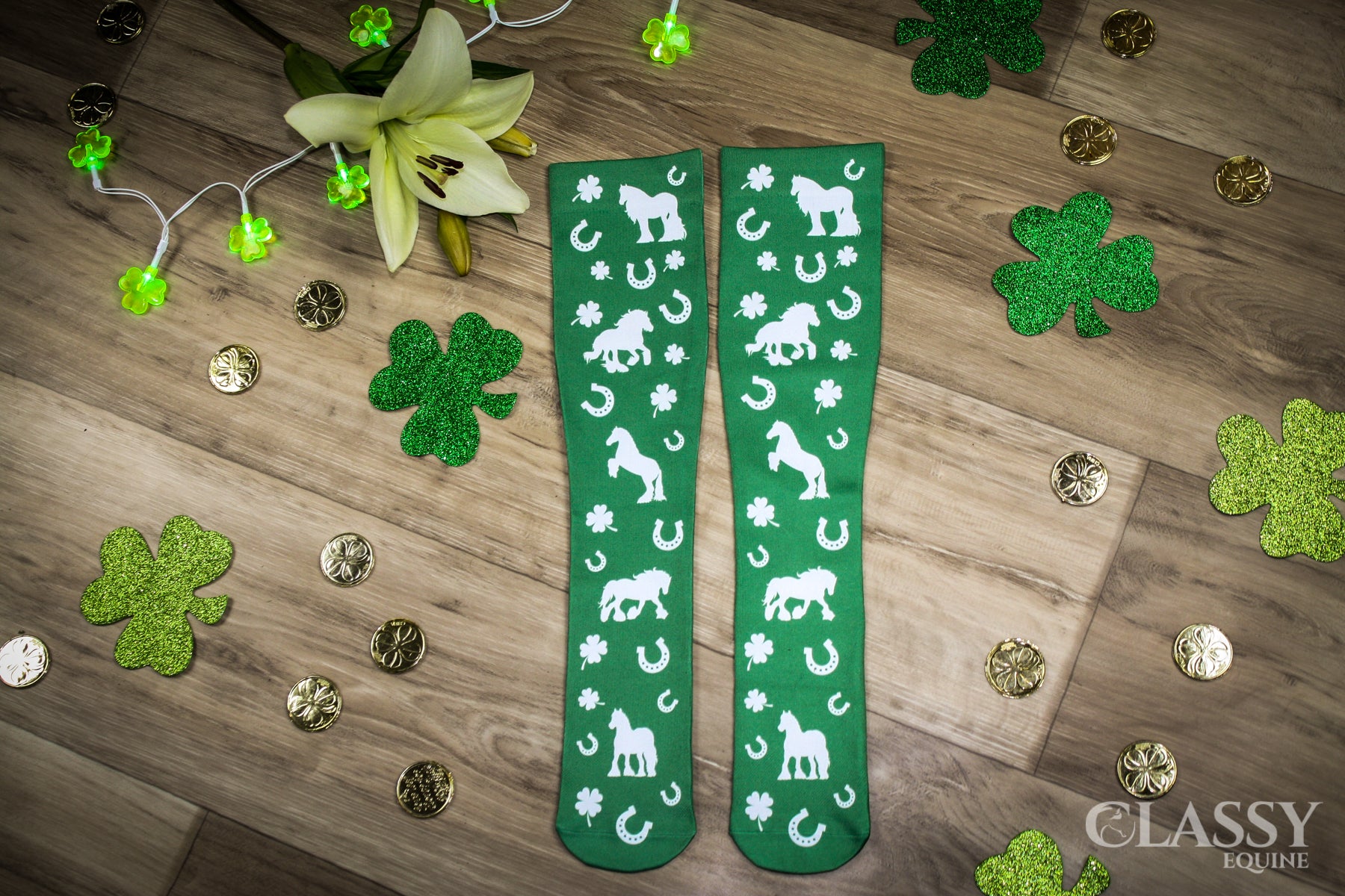 Equestrian Boot Socks featuring Gypsy Horse Luck design, showcasing vibrant colors and a comfortable fit, ideal for horse riding.