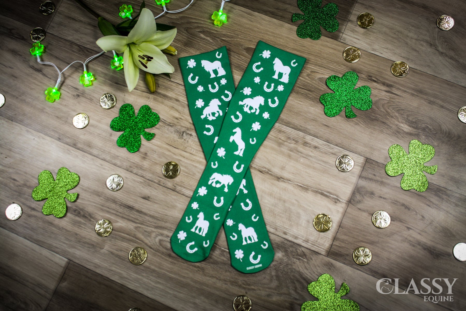 Equestrian Boot Socks featuring Gypsy Horse Luck design, showcasing vibrant colors and a comfortable fit, ideal for horse riding.