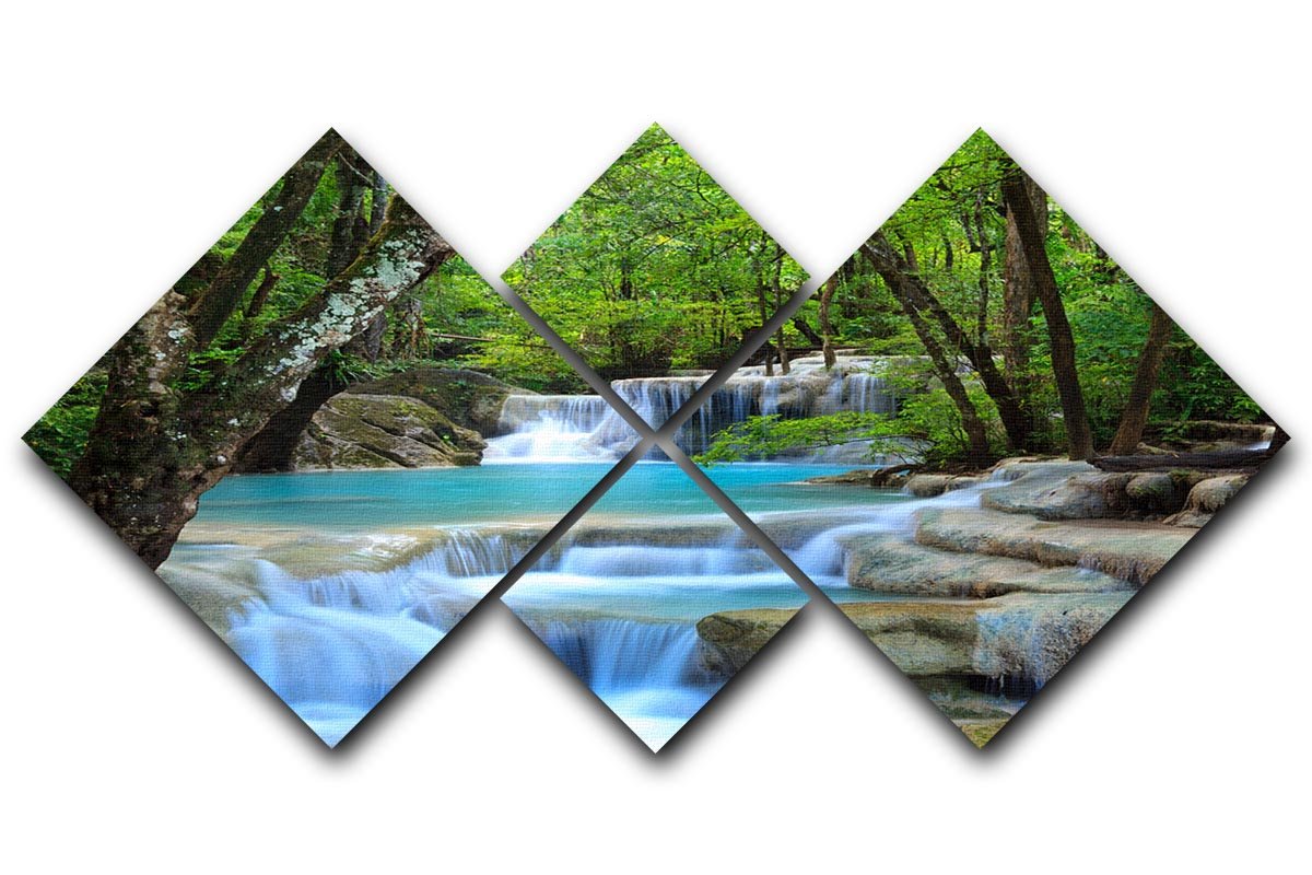 Erawan Waterfall 4 Square Multi Panel Canvas artwork featuring a serene waterfall scene divided into four equal panels.