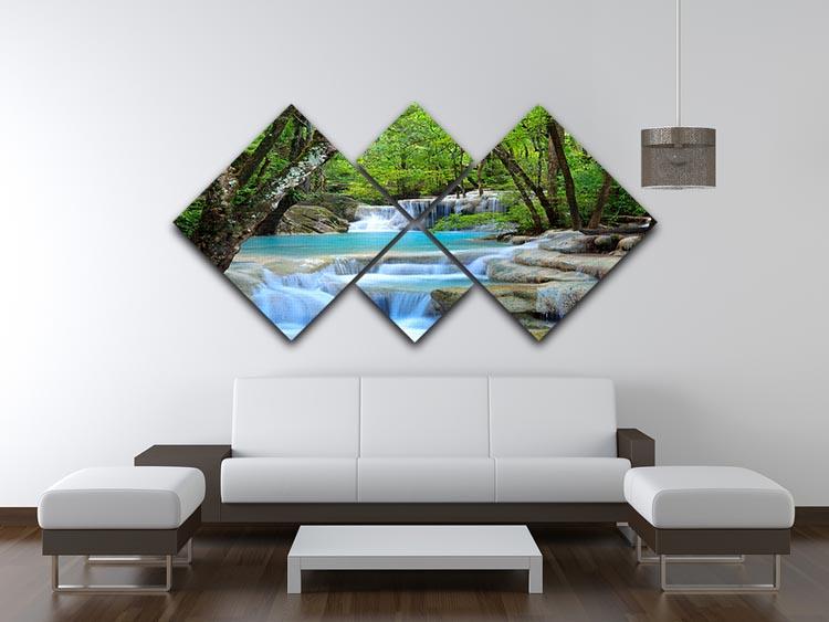 Erawan Waterfall 4 Square Multi Panel Canvas artwork featuring a serene waterfall scene divided into four equal panels.