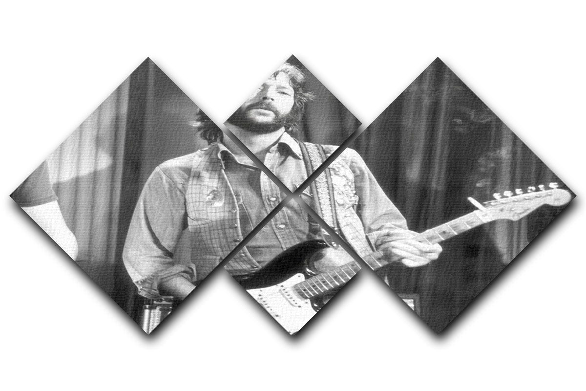 A multi-panel canvas artwork featuring Eric Clapton in 1978, divided into four equal square sections, showcasing vibrant colors and intricate details.