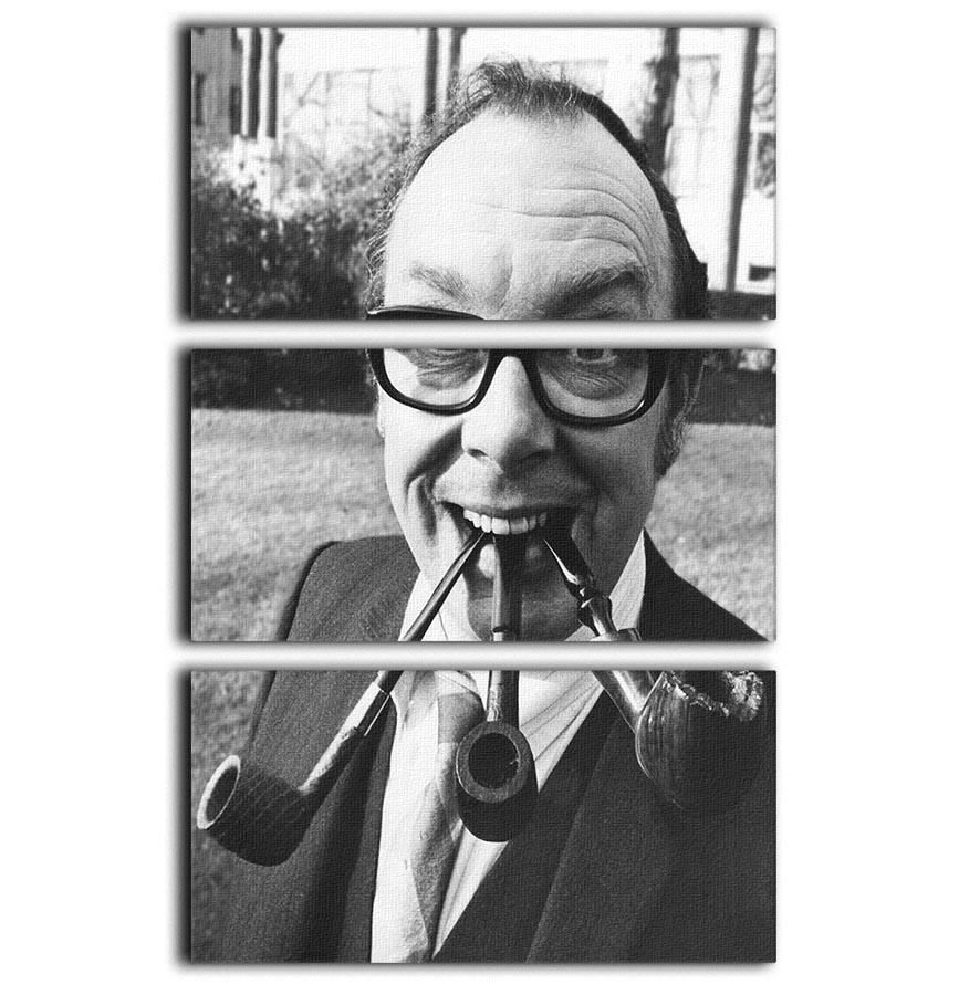 Eric Morecambe depicted with three pipes in his mouth on a stylish 3-panel canvas art set, perfect for home decor.