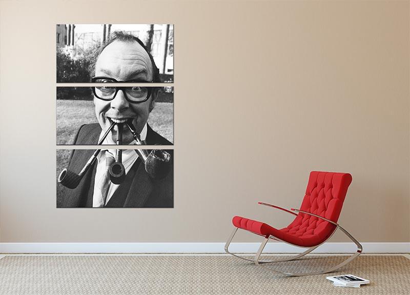 Eric Morecambe depicted with three pipes in his mouth on a stylish 3-panel canvas art set, perfect for home decor.