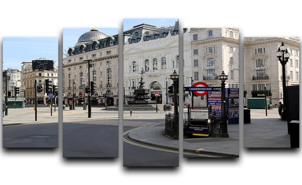Eros Piccadilly Circus London 5 Split Panel Canvas artwork depicting the iconic statue during lockdown, showcasing vibrant colors and dynamic design.