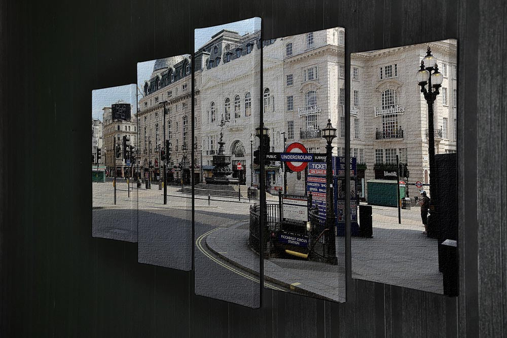 Eros Piccadilly Circus London 5 Split Panel Canvas artwork depicting the iconic statue during lockdown, showcasing vibrant colors and dynamic design.