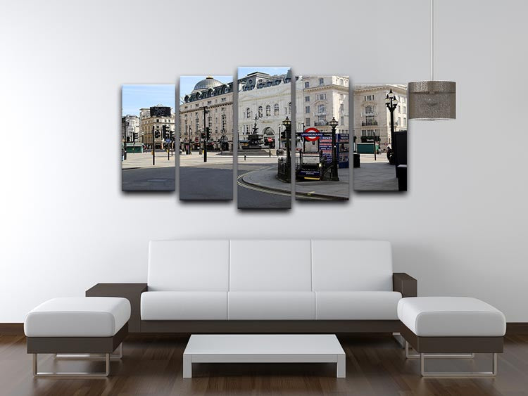 Eros Piccadilly Circus London 5 Split Panel Canvas artwork depicting the iconic statue during lockdown, showcasing vibrant colors and dynamic design.