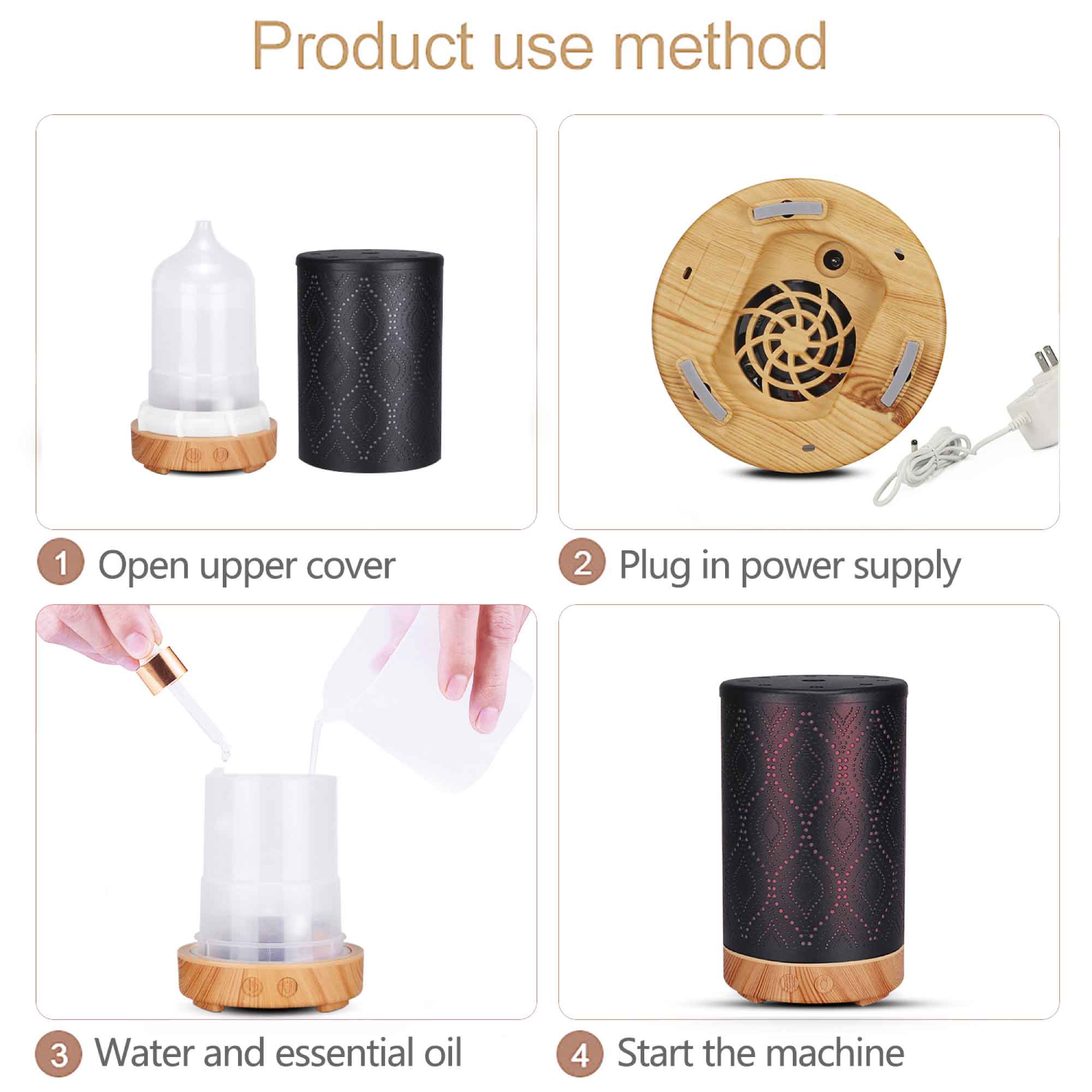 Essential Oil Aroma and Remote Diffuser in black metal with wood grain base, showcasing a modern design and LED lights.