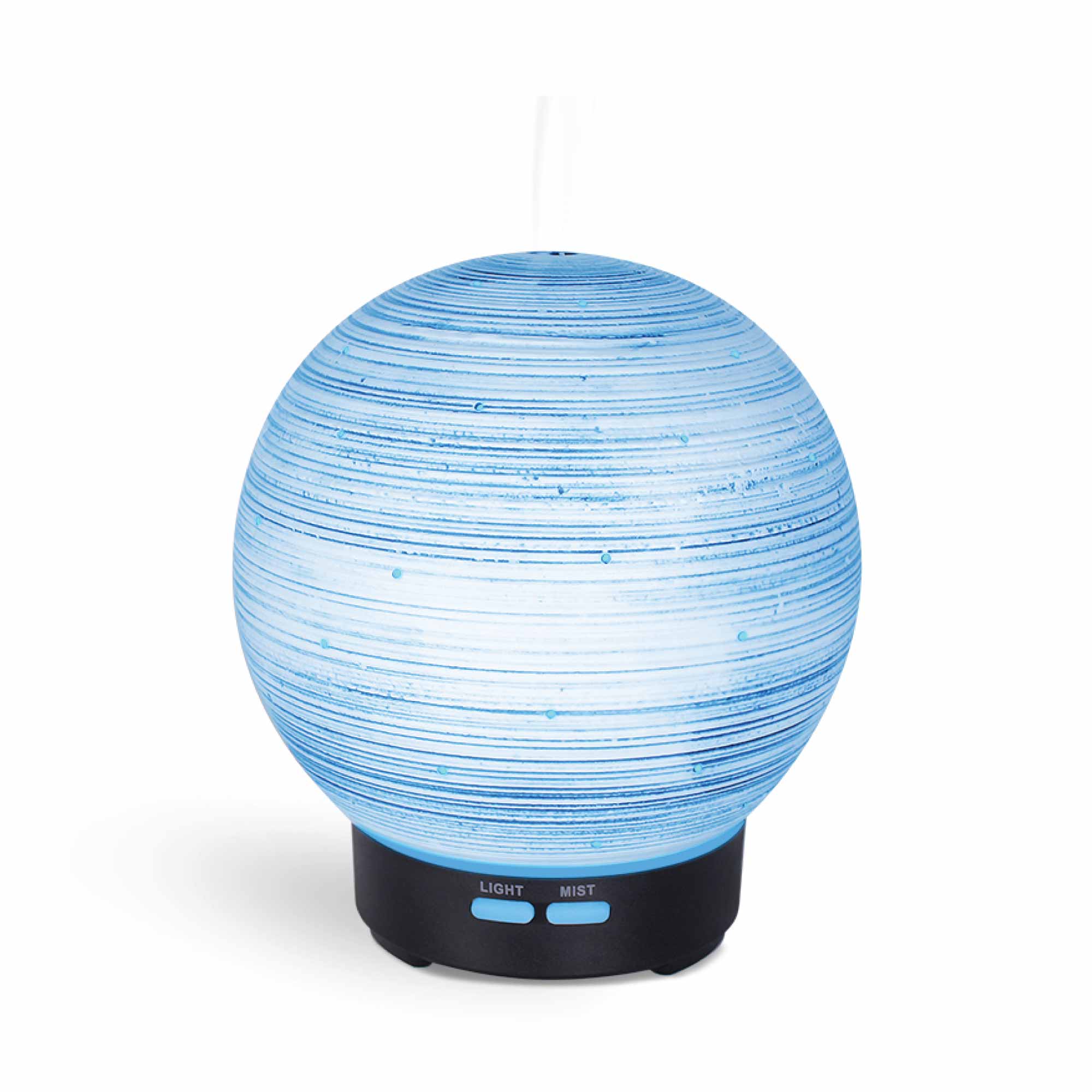 Essential Oil Aroma Diffuser in blue and white ceramic ball shape with black base, showcasing mist and LED lights.