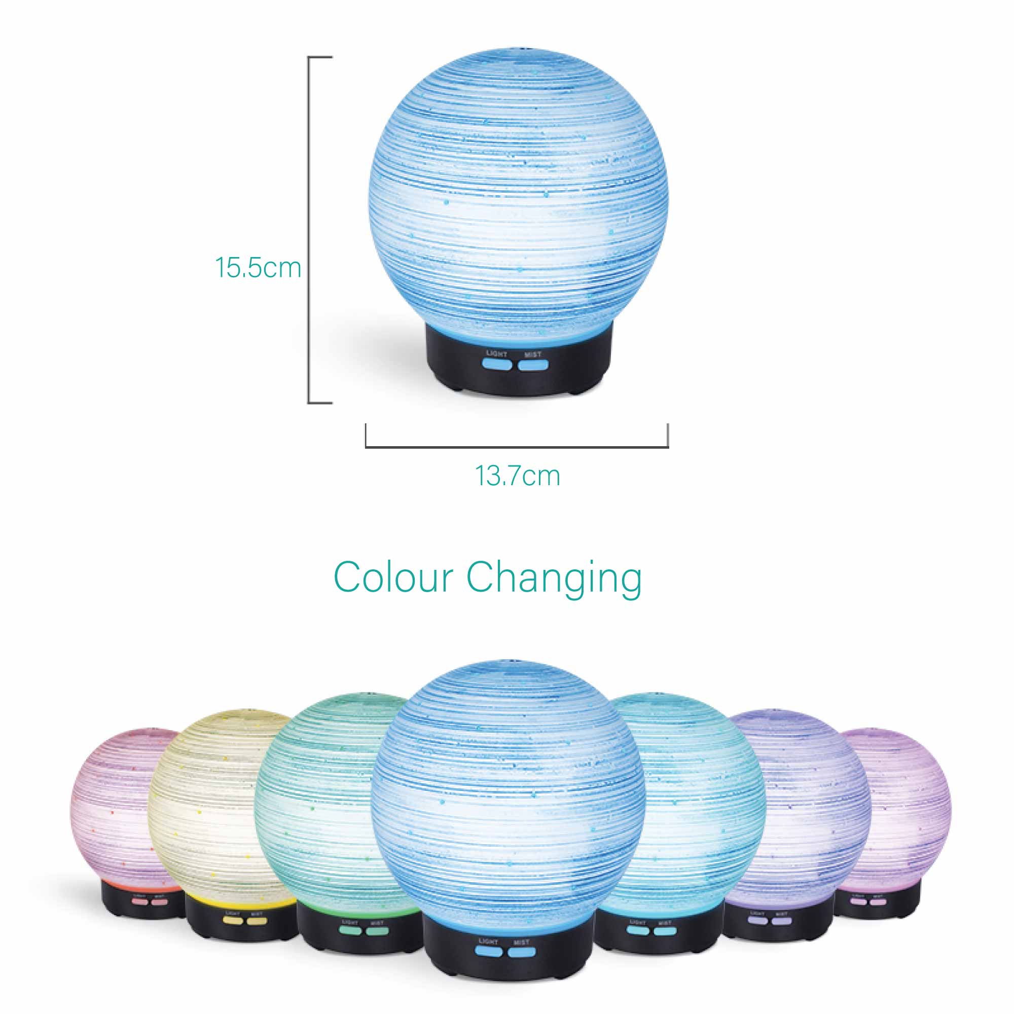 Essential Oil Aroma Diffuser in blue and white ceramic ball shape with black base, showcasing mist and LED lights.