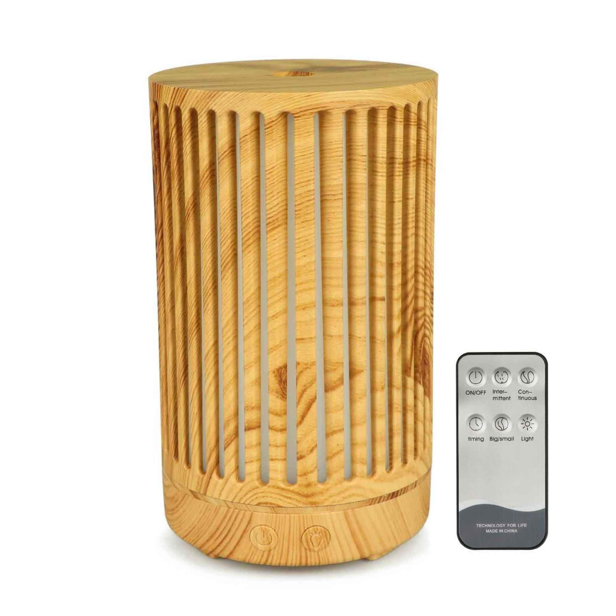 200ml Essential Oil Aroma Diffuser in light wood grain finish with remote control and color changing LED lights.