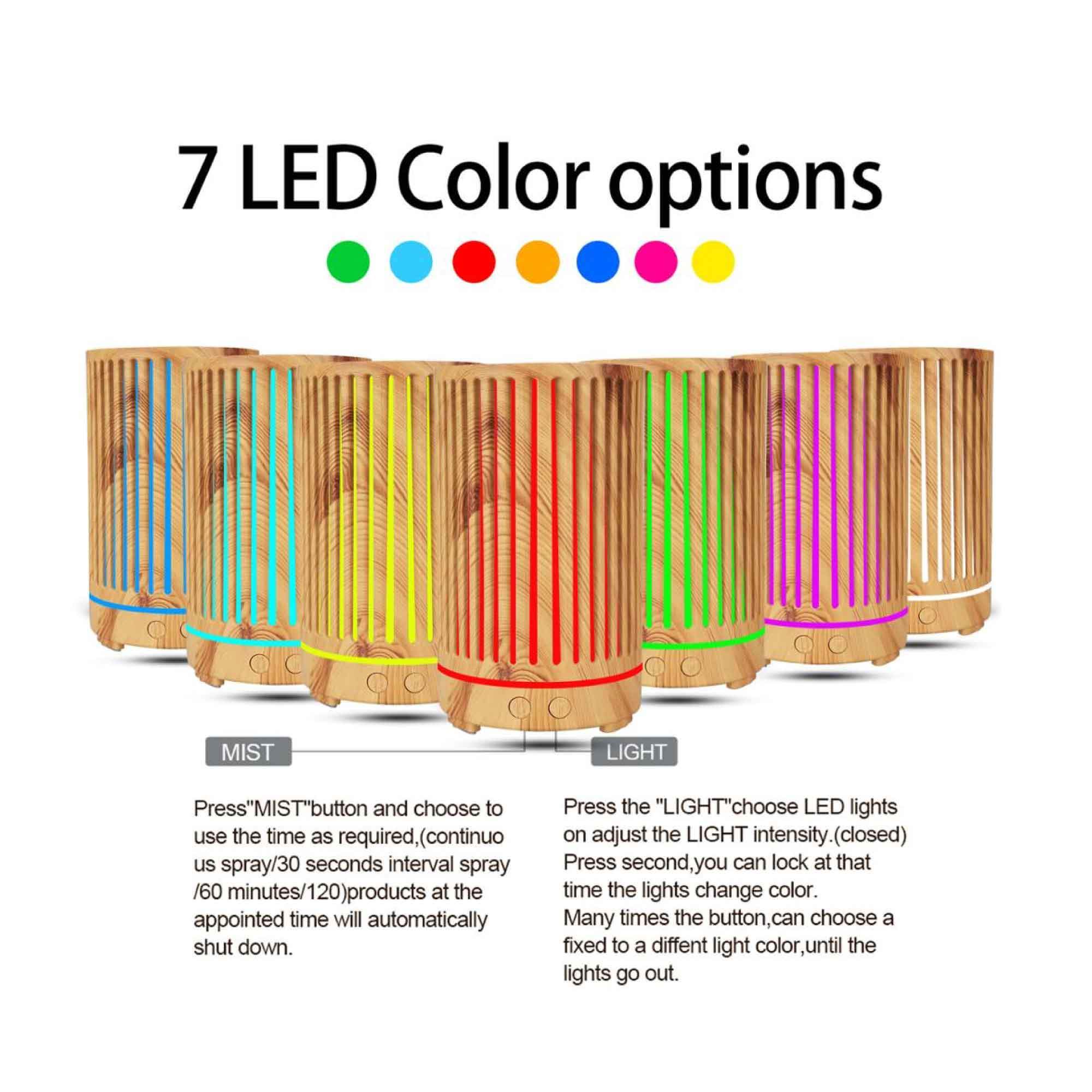 200ml Essential Oil Aroma Diffuser in light wood grain finish with remote control and color changing LED lights.