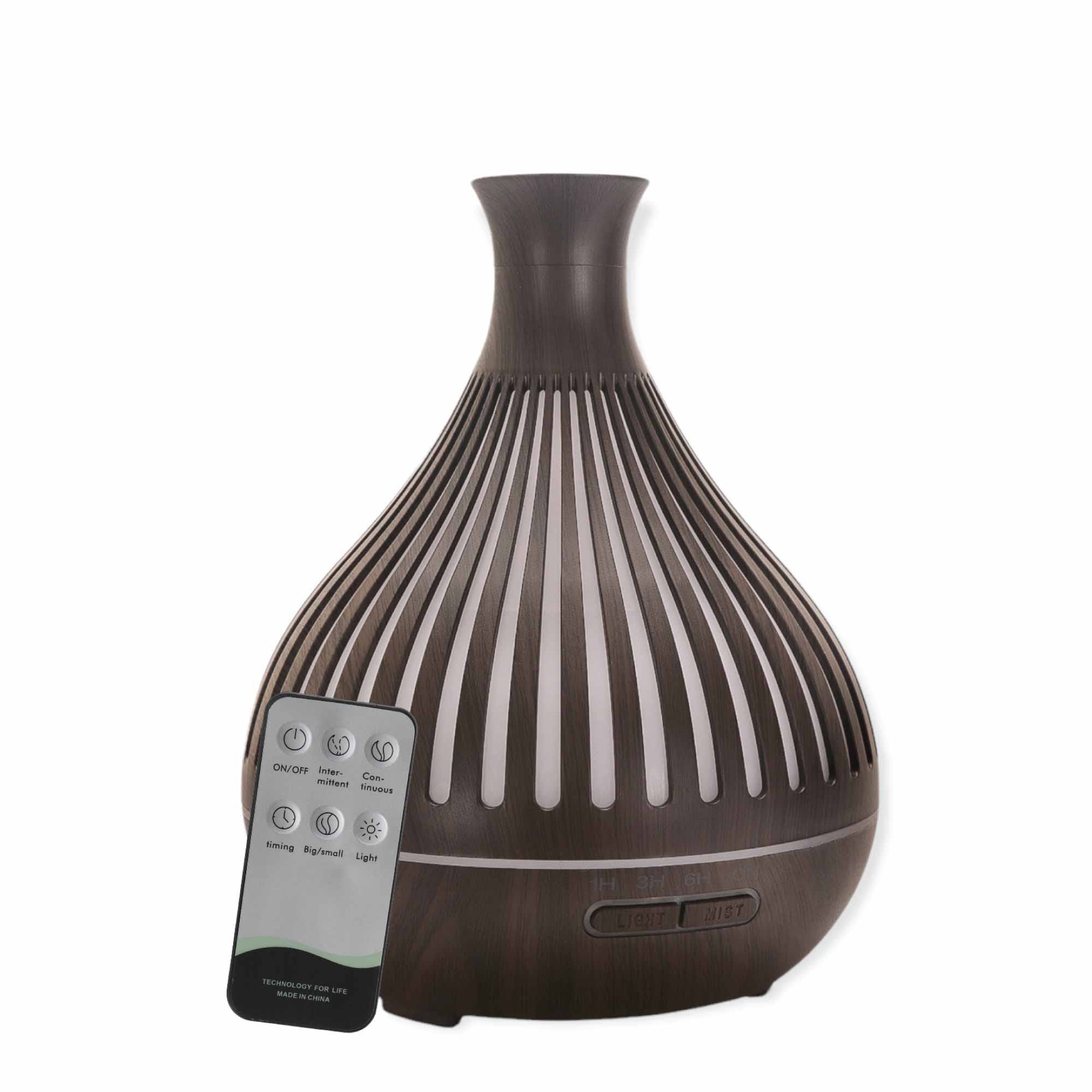400ml Essential Oil Aroma Diffuser in dark wood grain finish with remote control and LED lights.
