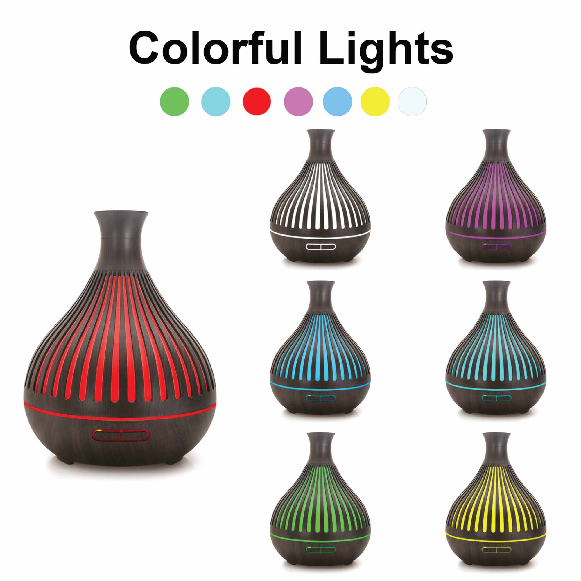 400ml Essential Oil Aroma Diffuser in dark wood grain finish with remote control and LED lights.
