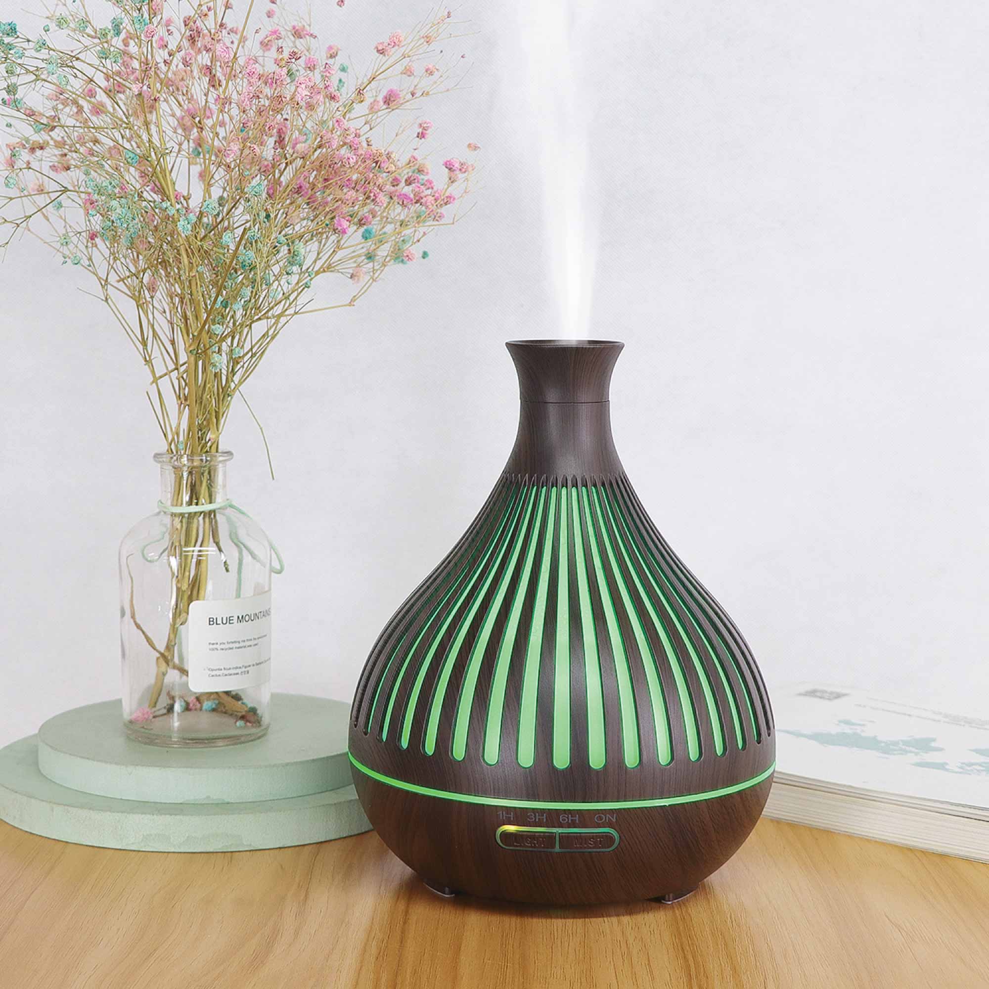400ml Essential Oil Aroma Diffuser in dark wood grain finish with remote control and LED lights.
