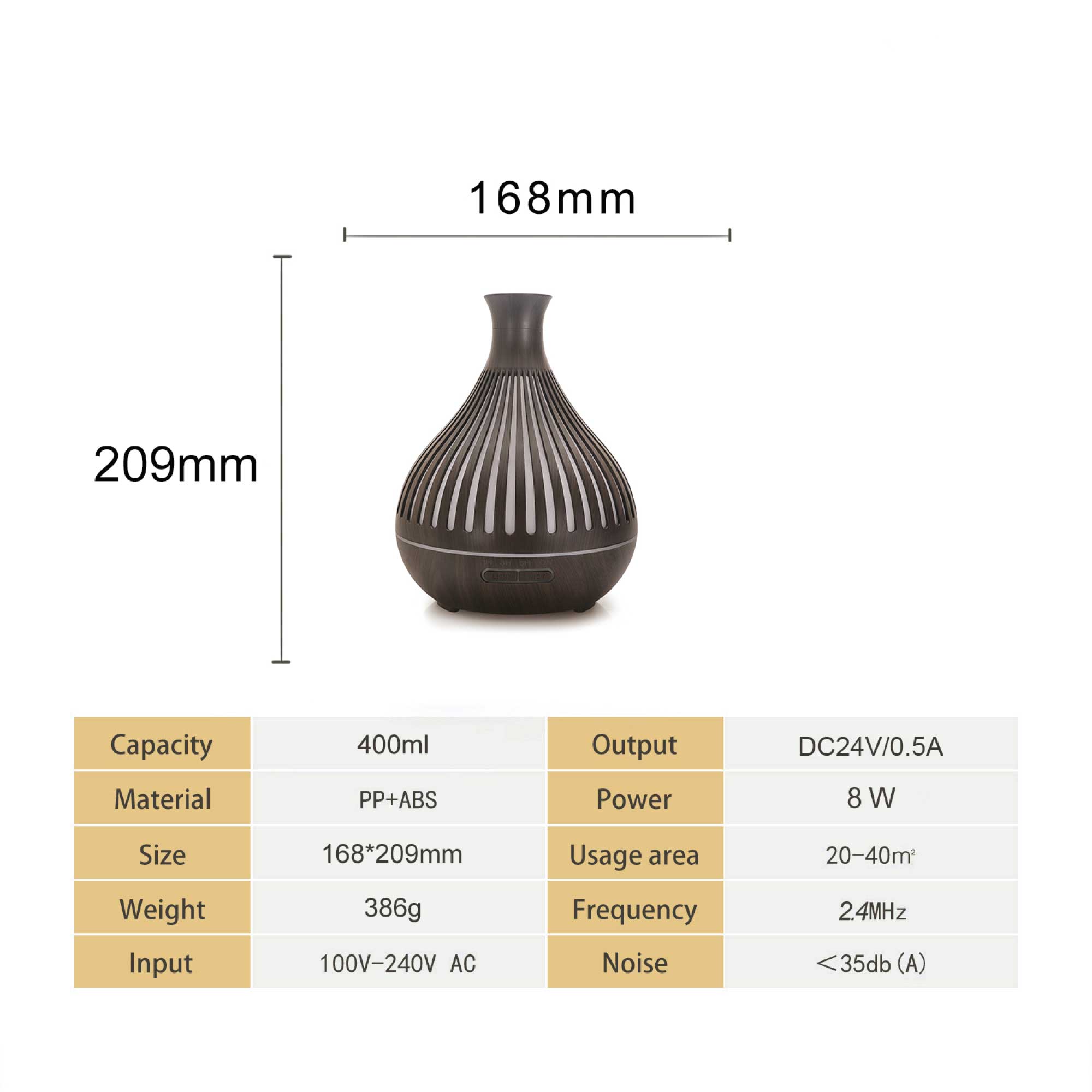 400ml Essential Oil Aroma Diffuser in dark wood grain finish with remote control and LED lights.