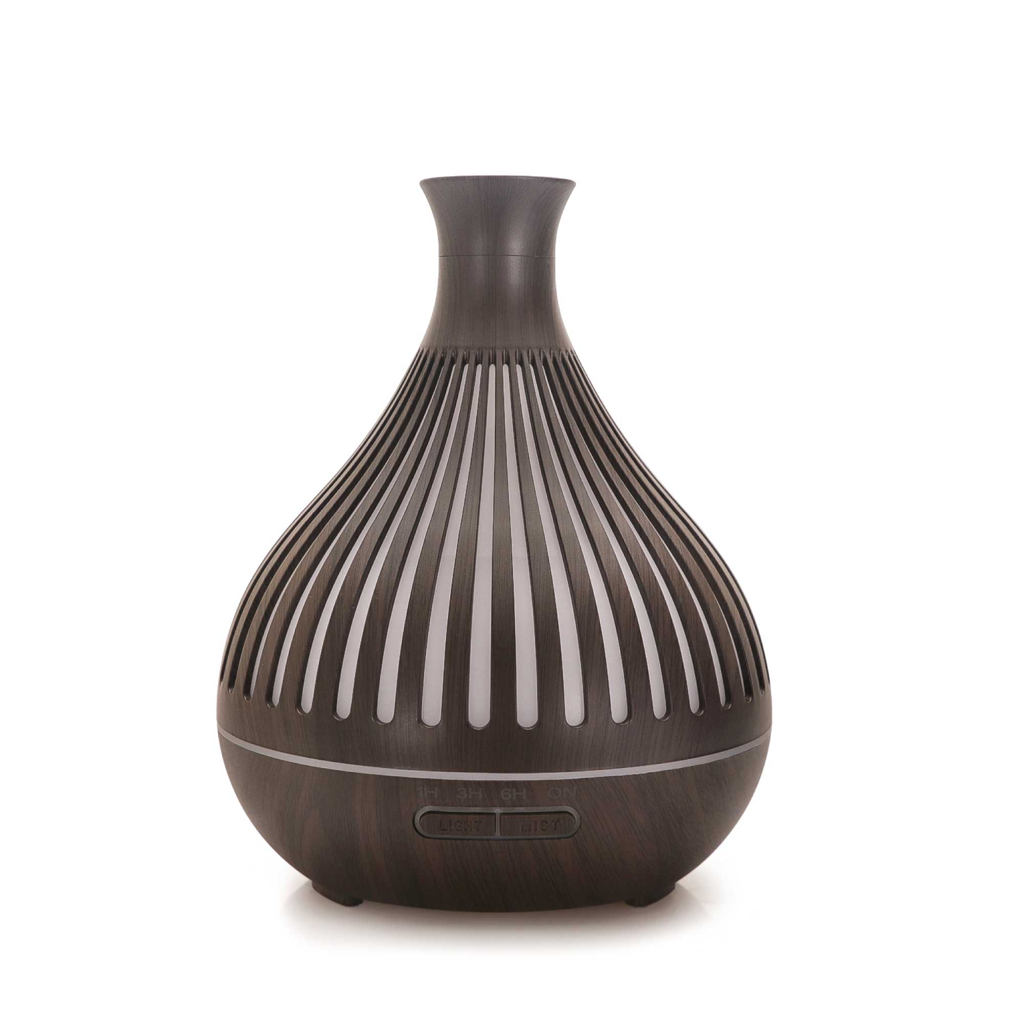 400ml Essential Oil Aroma Diffuser in dark wood grain finish with remote control and LED lights.