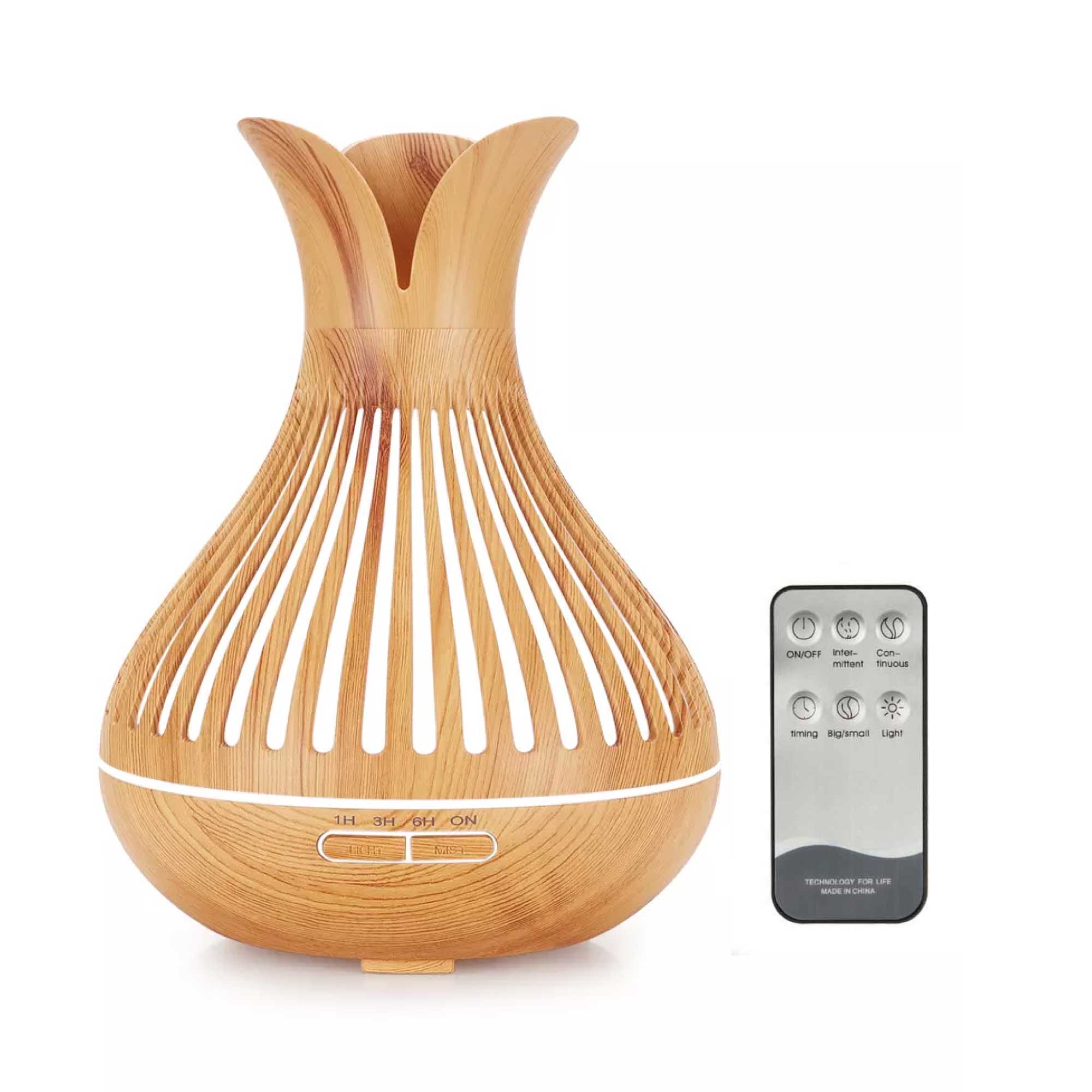 500ml Essential Oil Aroma Diffuser with flower top wooden design and remote control, showcasing its elegant and functional features.