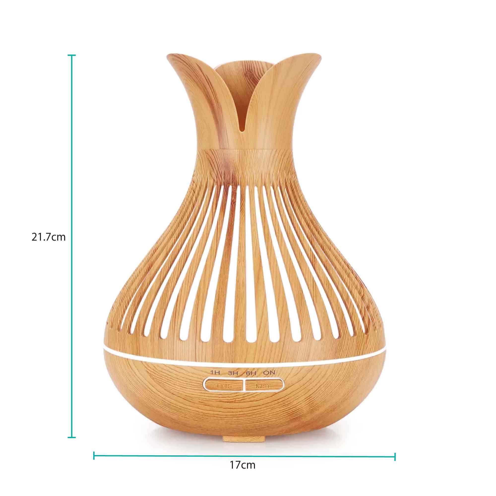 500ml Essential Oil Aroma Diffuser with flower top wooden design and remote control, showcasing its elegant and functional features.