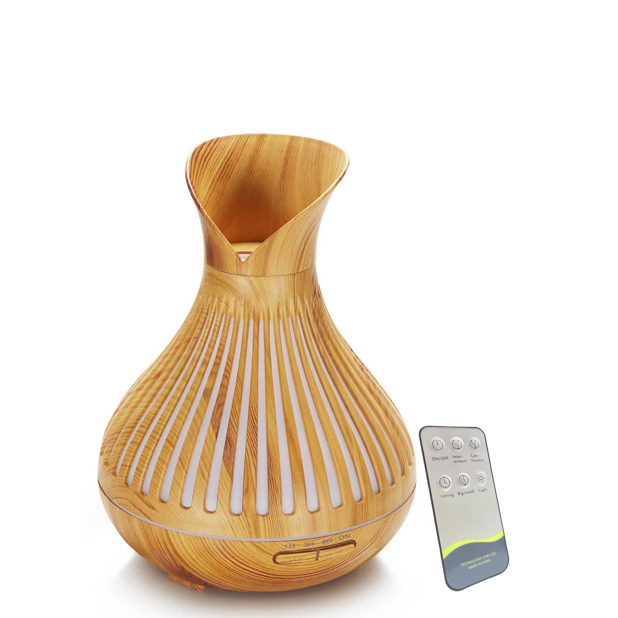 500ml Essential Oil Aroma Diffuser with tulip top wood design and remote control, featuring LED lights.