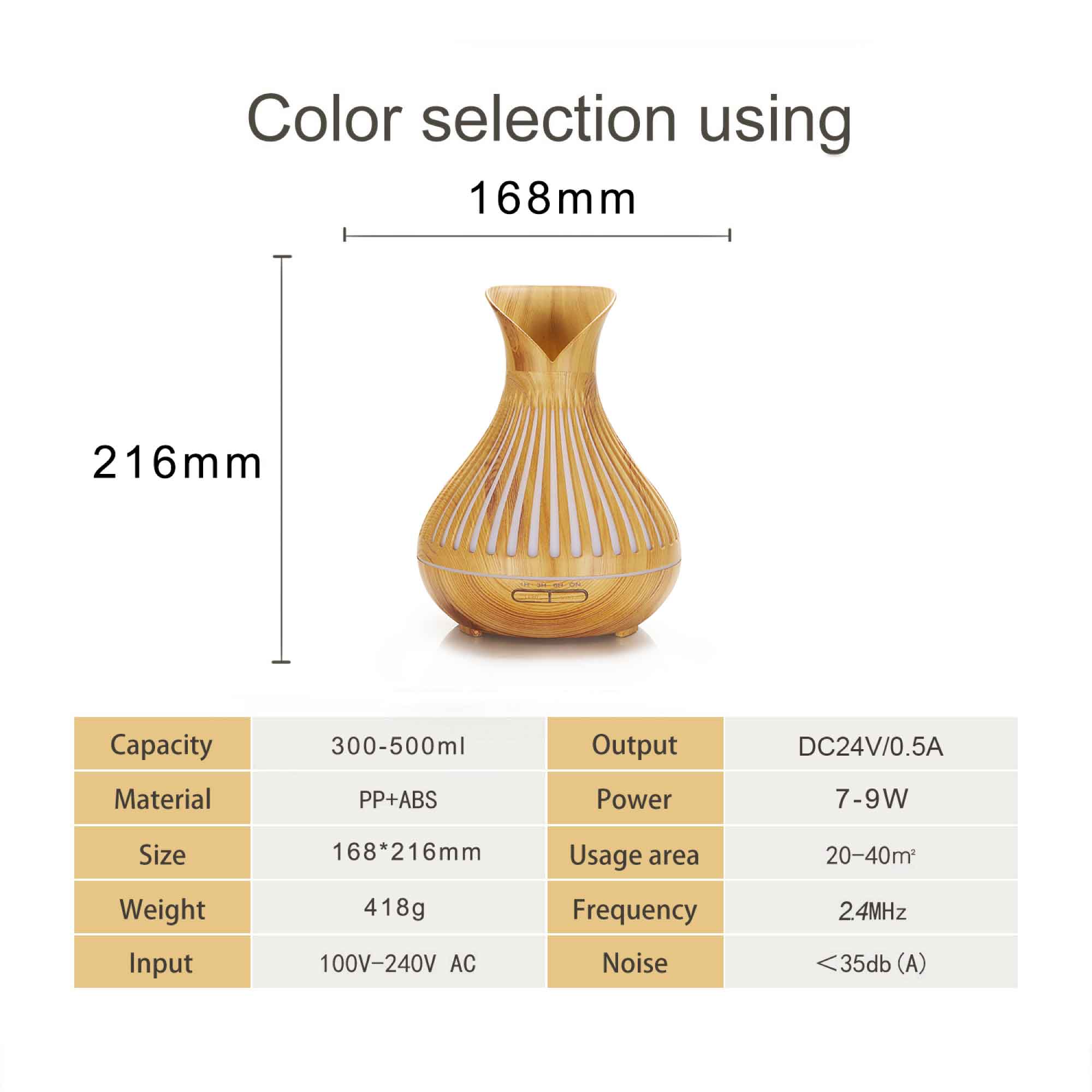 500ml Essential Oil Aroma Diffuser with tulip top wood design and remote control, featuring LED lights.