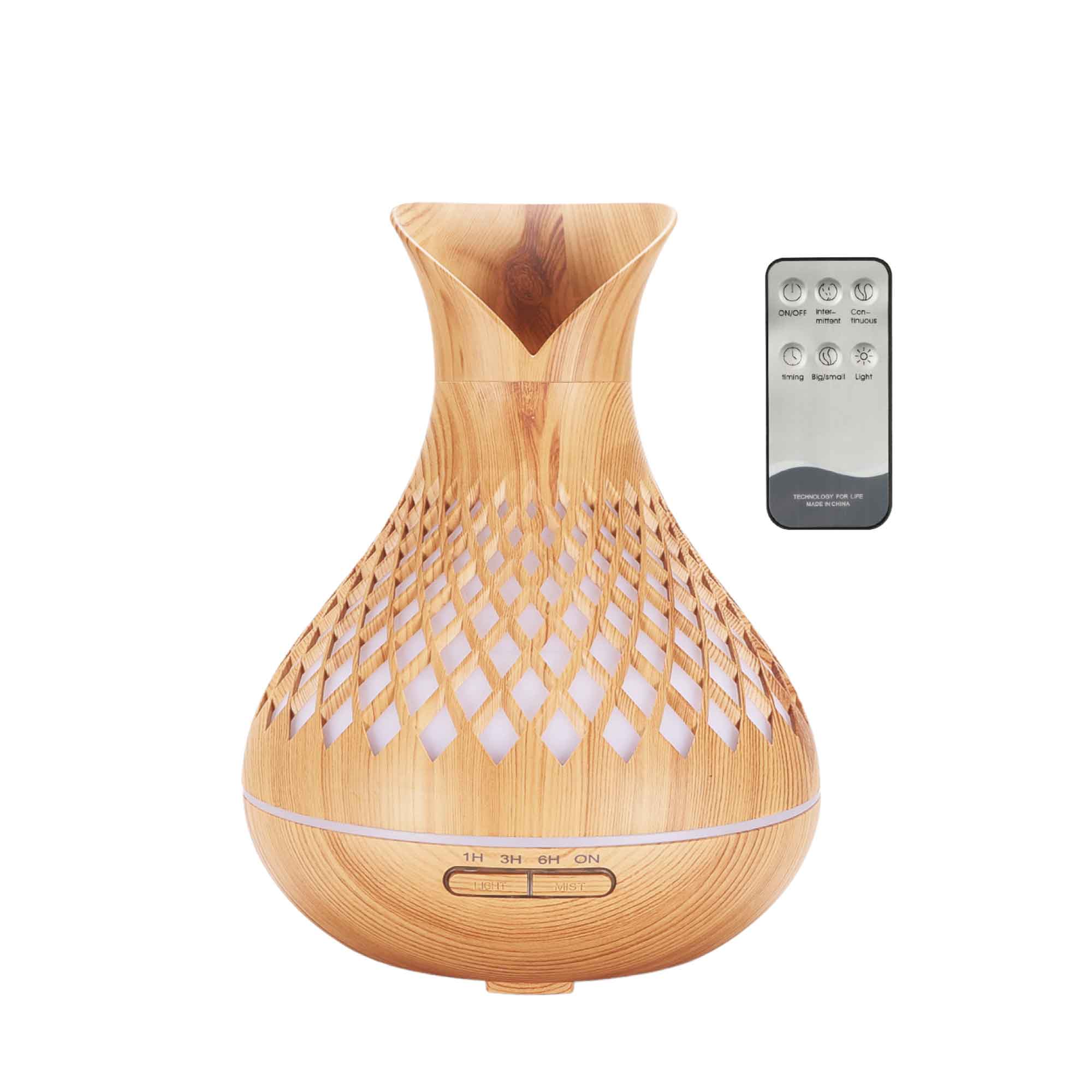 500ml Essential Oil Aroma Diffuser with tulip wood design and remote control, featuring LED lights and mist settings.
