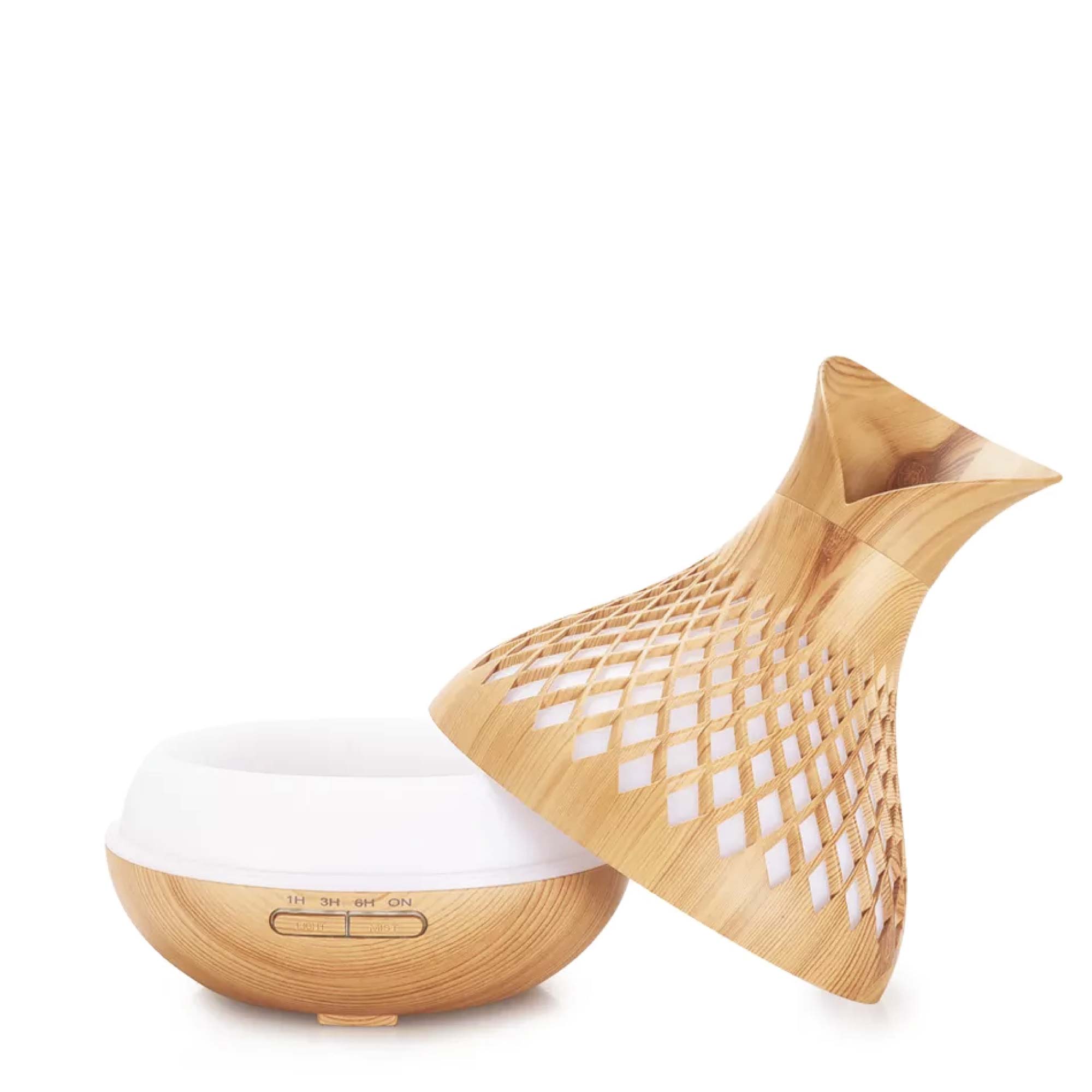 500ml Essential Oil Aroma Diffuser with tulip wood design and remote control, featuring LED lights and mist settings.